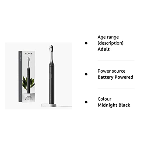 - SURI Sustainable Sonic Toothbrush | Slim and Powerful Electric Toothbrush | Recyclable Plant-Based Head | 2 Modes | Waterproof | Charging Stand | Midnight Black -