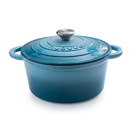 Cast Iron Pot with Lid – Non-Stick Ovenproof Enamelled Casserole Pot, Oven Safe up to 500° F – Sturdy Dutch Oven Cookware – Blue, 5-Quart, 24cm – by Nuovva