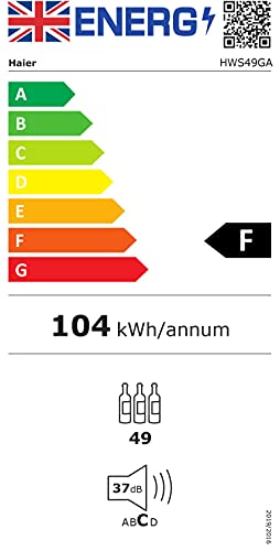 - Haier HWS49GA Freestanding Wine Cooler | Single Zone 49 Bottle Single Zone Temperature | 49 Bottle Storage | Anti-UV Glass Door | Anti-Vibration Shelves | 49.7cm wide -