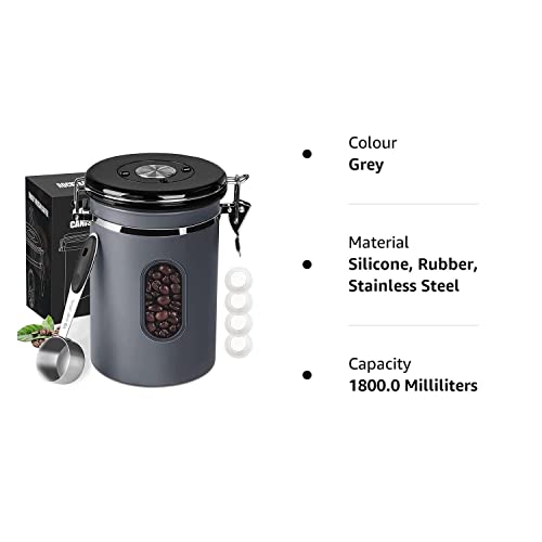 1800ML Airtight Coffee Canister with Date Tracker Transparent Window, 22.8OZ Coffe Beans Storage with 30 ML Measure Spoon&4 co2 Valve, Kitchen Food Storage Container for Grounds Coffee,Beans&Tea(Grey)
