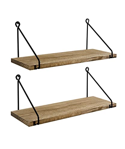 Afuly Rustic Floating Shelves Wooden for Wall Mounted with Metal Brackets Wood Storage Shelf for Bathroom Kitchen Bedroom Living Room Office Decorative Home Accessories, Set of 2