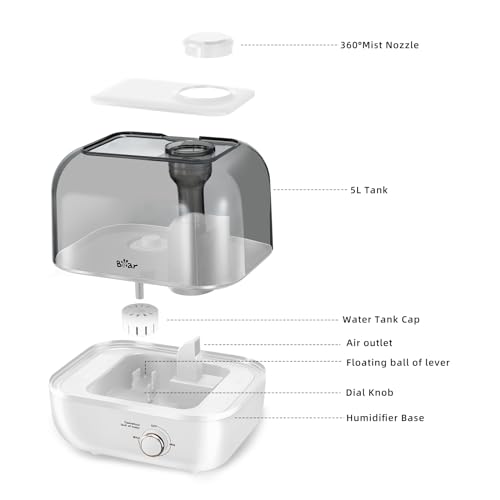 Bear 5L Top Fill Humidifier for Bedroom, 35-Hour Run Time, with Aromatherapy Tray, Ultra Quiet, 360° Expandable Steam Nozzle,Automatic Shut Off, White