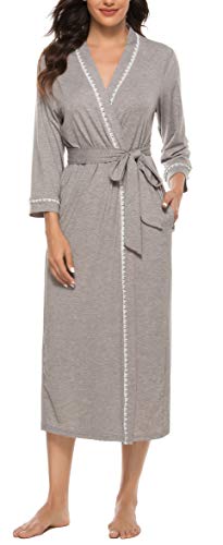 - Vlazom Womens Dressing Gown Soft Kimono Robe V-Neck Long Knit Bathrobe Nightwear Sleepwear for All Seasons -