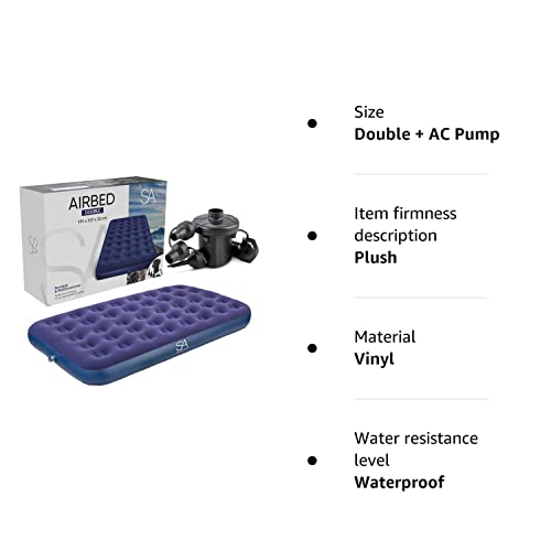 - SA Products Blow Up Bed | Double Airbed with Electric Air Pump | Waterproof Inflatable Mattress | Quick Inflatable Bed Air Mattress for Hiking, Travel, and Outdoors | (AC Pump) -