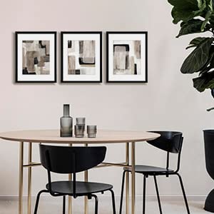ArtbyHannah Framed Abstract Wall Art 3 Pack 11x14 IN with Brown Black Tan Blocks Prints for Wall Decor with Black Frames 29x36 cm, Extra Art Prints of Botanical Included