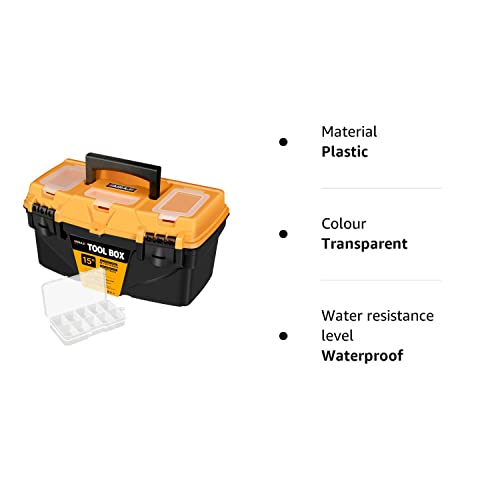 AIRAJ PRO Waterproof Toolbox Storage,15"Plastic Tool Box With Removable Tray,3 Transparent Storage Room,2 Hard Plastic Clips,Tool Storage Box for Household Tools,Toys,Decorations and Stationery