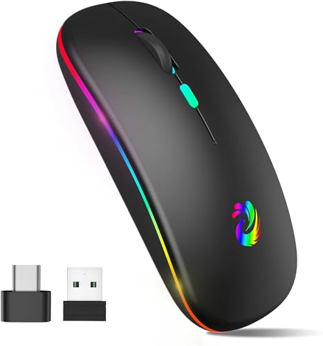 BQSS Wireless Mouse, LED Slim Silent Mice, 2.4G Portable Office Optical Mouse with USB Receiver & Type-C Adapter, 3 Adjustable DPI for Laptop, Computer, PC, Notebook, Desktop (Black)