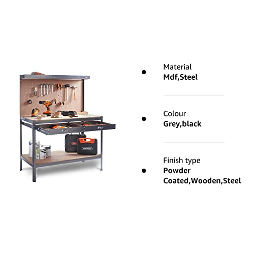 - VonHaus Garage Work Bench with Pegboard - Metal and Wooden Workbenches - Suitable for Most Garage Equipment - Garage Workbench Containing - Storage Drawer