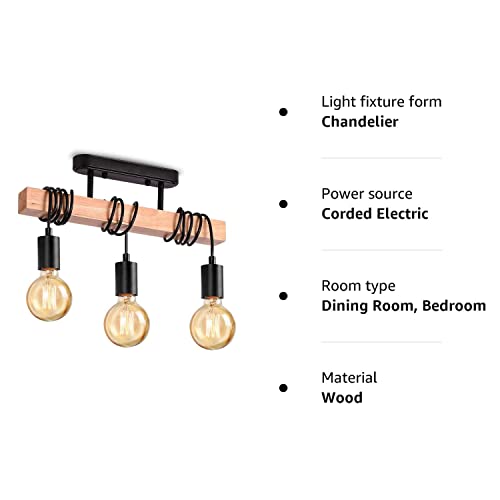 - Lightess Industrial Wood Pendant Light with 3 Heads | Adjustable Pendent Chandelier Light | Vintage Semi Flush Ceiling Light -