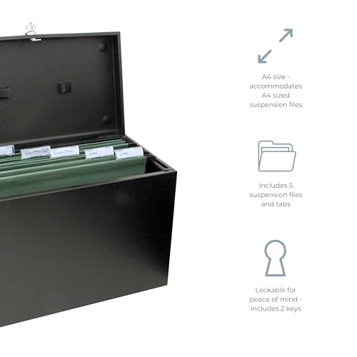 Cathedral Products A4 Steel File Box with Starter Pack of 5 Suspension Files - Black