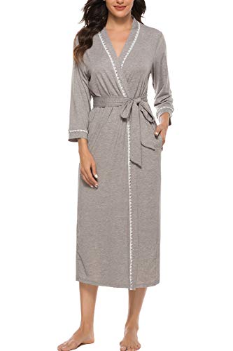- Vlazom Womens Dressing Gown Soft Kimono Robe V-Neck Long Knit Bathrobe Nightwear Sleepwear for All Seasons -