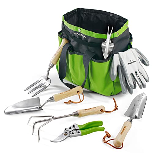 - WORKPRO 8 Piece Garden Tools Set, Stainless Steel Hand Tools with Wooden Handle, Including Gloves, Trowel, Weeder, Hand fork, Hand Rake, Transplanter, Pruner and Garden Tote