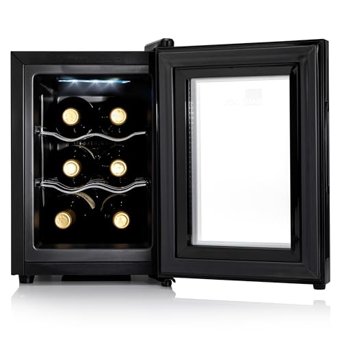 Barcool VINO6 – Table-Top Wine Fridge Black | 5-18°C | Wine Cooler | LED + Digital Display | Glass Door Drinks Cellar | Single-Zone (6 Bottle)
