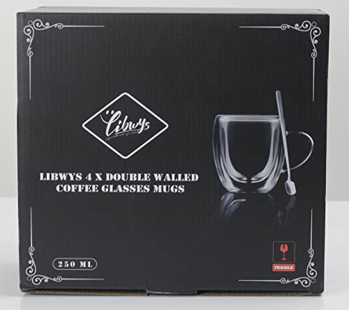 - LIBWYS 4 Pack Double Walled Glass Coffee Mugs with 4 Spoons | 250ml Cappuccino Latte Tea Cups with Handle -