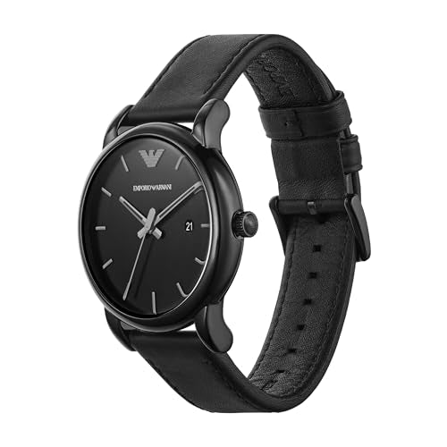 - Emporio Armani Watch for Men | Three Hand Date Movement | 41 mm Black Stainless Steel Case with a Leather Strap | AR1732 -
