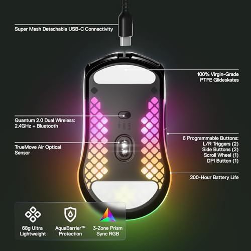 - SteelSeries Aerox 3 Wireless | Holey RGB Gaming Mouse | Ultra-lightweight Water Resistant Design -