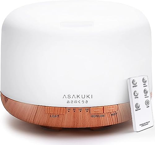 ASAKUKI Essential Oil Diffuser 500ML, Diffusers for Home with Remote Control, 5 in 1 Ultrasonic Aromatherapy Diffuser with Auto Shut Off, 4 Timing Set, 7 LED Lights for Home Office Sleep