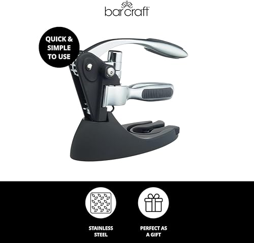 BarCraft Lever Corkscrew and Wine Bottle Opener, Comes with Bottle Stopper, Foil Cutter and Spare Non-stick Worm, 1 Kit with Presentation Box, Metal Shimmer