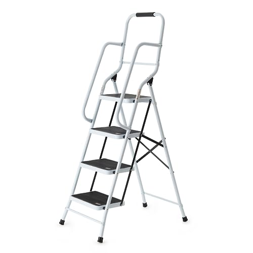 - Safety Folding Step Ladder | 4 Step Ladder, Strong, Non-Slip Rubber Steps With Rail Support And Grip Tight Ridges | 96x159cm -
