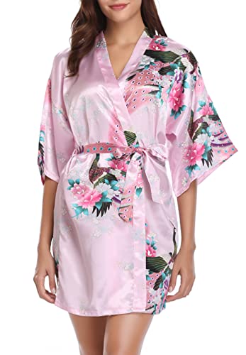 - Vlazom Women Kimono Robes Satin Dressing Gown Peacock and Blossoms Sleep Lounge Nightwear Short Silk Bride Bridesmaid Robe -