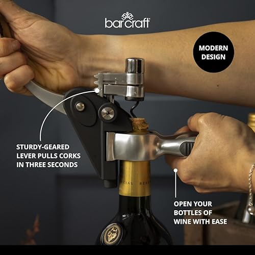 BarCraft Lever Corkscrew and Wine Bottle Opener, Comes with Bottle Stopper, Foil Cutter and Spare Non-stick Worm, 1 Kit with Presentation Box, Metal Shimmer