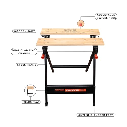 BLACK+DECKER Workmate, Work Bench Tool Stand Saw Horse Dual Clamping Crank, Heavy Duty Steel Frame, WM301