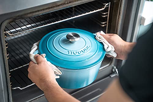 Cast Iron Pot with Lid – Non-Stick Ovenproof Enamelled Casserole Pot, Oven Safe up to 500° F – Sturdy Dutch Oven Cookware – Blue, 5-Quart, 24cm – by Nuovva