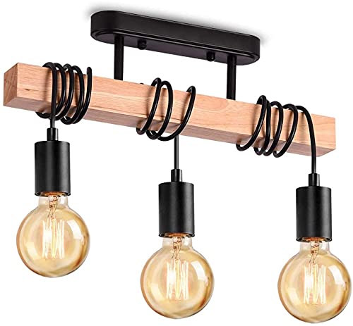 - Lightess Industrial Wood Pendant Light with 3 Heads | Adjustable Pendent Chandelier Light | Vintage Semi Flush Ceiling Light -