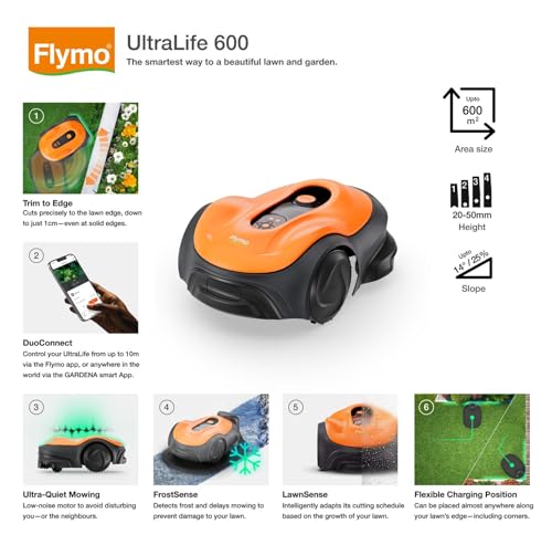 - Flymo UltraLife 600 Robotic Lawnmower | Automated Cutting | Cut-To-Edge Precision | Smart Technology | Wireless Connectivity -