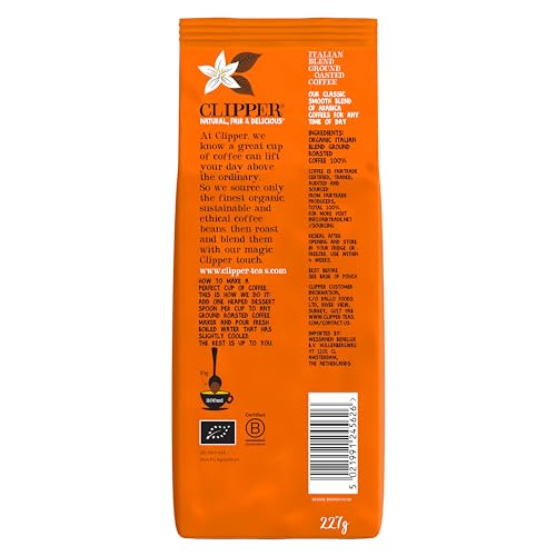 Clipper Organic Roast & Ground Italian Style Coffee | 8x227g Fairtrade Ground Coffee | Bulk Buy Strong Arabica Coffee for Catering | Gourmet Sustainable Fairtrade Coffee by Clipper | Ethically Sourced