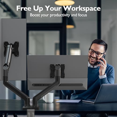 BONTEC Dual Monitor Desk Mount for 32 inch screens, Ergonomic Gas Spring Arm Stand with Cable Management, Tilt, Swivel, Rotation, VESA 75/100 mm