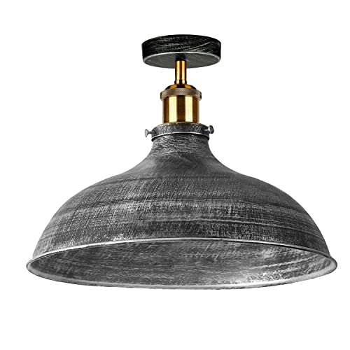 - Vintage Retro Industrial Semi Flush Mount Ceiling Light LED Lamp Fixture, Kitchen Light Ceiling, Metal Large Rustic Light Shade Pendant Lampshade Fitting for Bedroom, Farmhouse (Brushed Silver) -