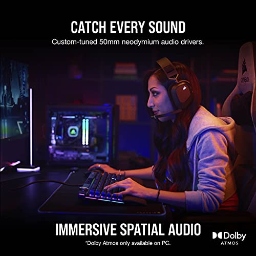 CORSAIR HS80 RGB Over Ear WIRELESS Multiplatform Gaming Headset – Dolby Atmos – Omni-Directional Microphone – iCUE Compatible – PC, Mac, PS5, PS4 – Carbon
