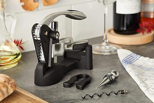 BarCraft Lever Corkscrew and Wine Bottle Opener, Comes with Bottle Stopper, Foil Cutter and Spare Non-stick Worm, 1 Kit with Presentation Box, Metal Shimmer