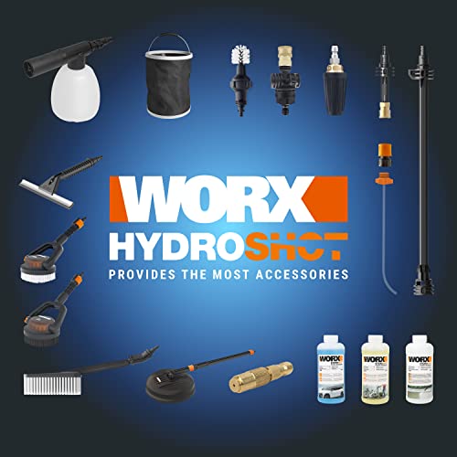 - Worx Nitro HydroShot WG633E 20V High-Flow Cordless Portable Pressure Cleaner Power Washer with Brushless Motor Up to 56 Bar Pressure, IPX7 Waterproof Battery, Charger, Multi-Spray Nozzle & Accessories