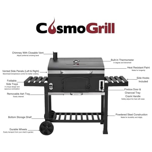 CosmoGrill Outdoor XXL Smoker Barbecue Charcoal Portable BBQ with Waterproof Cover, Adjustable Grill and Built-in Temperature Gauge, for Home Garden Party Cooking