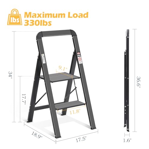- KINGRACK 2 Step Ladder With Handrail | Non-Slip Household Ladder With Folding Safety -
