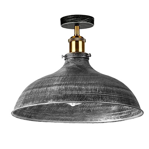 - Vintage Retro Industrial Semi Flush Mount Ceiling Light LED Lamp Fixture, Kitchen Light Ceiling, Metal Large Rustic Light Shade Pendant Lampshade Fitting for Bedroom, Farmhouse (Brushed Silver) -