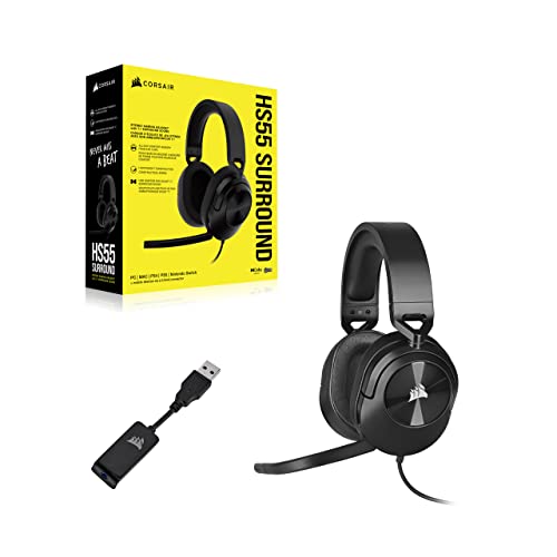 CORSAIR HS55 SURROUND Lightweight Multiplatform Wired Gaming Headset – Dolby 7.1 Surround Sound – iCUE Compatible – PC, Mac, PS5, PS4, Xbox, Nintendo Switch, Mobile – Carbon