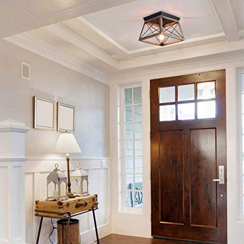 - Ganeed Industrial Flush Mount Ceiling Light | Farmhouse Rustic Close to Ceiling Light Mini Ceiling Lamp Fixture | Square Metal Cage -