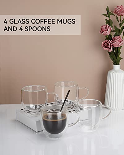 - LIBWYS 4 Pack Double Walled Glass Coffee Mugs with 4 Spoons | 250ml Cappuccino Latte Tea Cups with Handle -