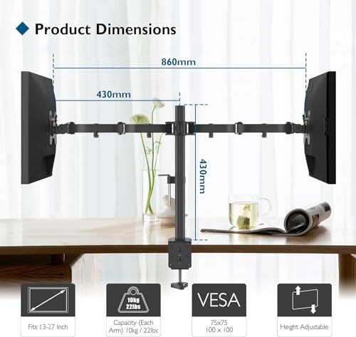 BONTEC Dual Monitor Stand, Adjustable Monitor Arm Desk Mount for 13-27 Inch Screens, Ergonomic Dual Monitor Stands, Height Adjustable Dual Monitor Arm Bracket with 360° Rotation, and Full Motion Tilt