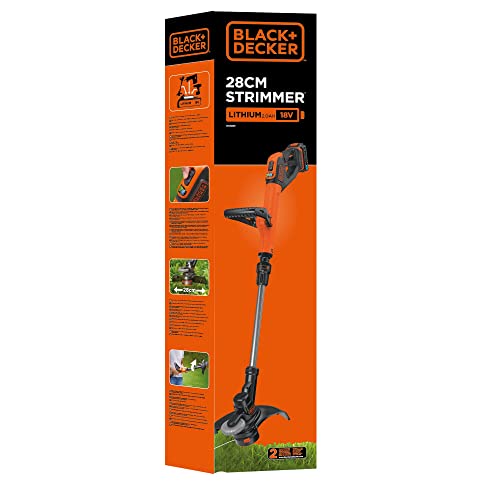 BLACK+DECKER String Grass Trimmer, 18V, Cordless, 28cm Cutting Width, Automatic Single Line Feed, 2.0Ah Battery Included, STC1820PC-GB