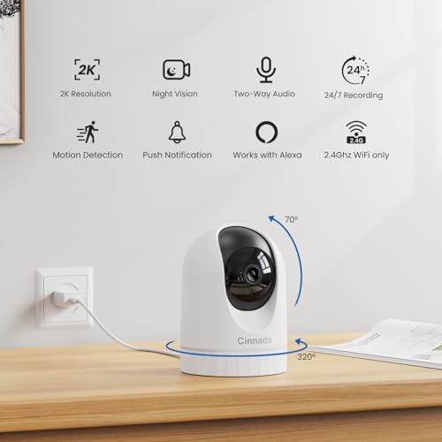 Cinnado WiFi Security Camera Indoor - 2K Pet Dog Cameras House Security with APP for Baby Monitor Home CCTV Wireless 360°, Motion Tracking, Smart Siren, IR Night Vision, Work with Alexa, D1