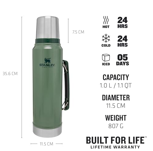 - Stanley Classic Legendary Thermos Flask | 1L | Keeps Hot or Cold For 24 Hours | Stainless Steel Leakproof Coffee Flask | Dishwasher Safe | Hammertone Green -