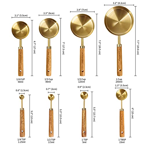 Cuteefun Measuring Cups and Spoons Set of 8, Wooden Handle, with Metric and US Measurements, Premium Stainless Steel, Gold Polished Finish, Dry & Liquid Measuring Cup, for Cooking and Baking