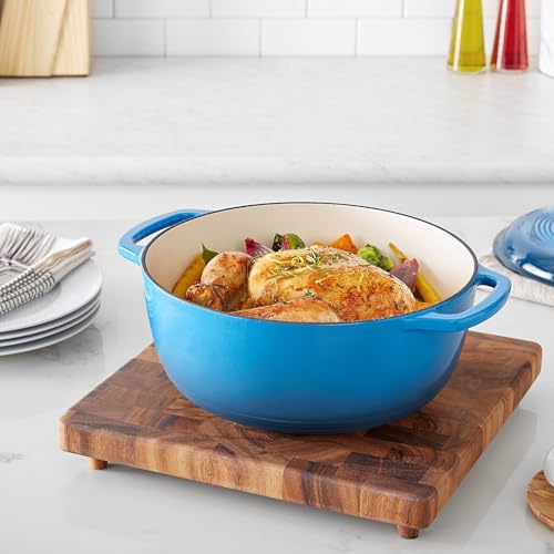 Amazon Basics Enameled Cast Iron Round Dutch Oven with Lid and Dual Handles, Heavy-Duty, 5.6 L, Blue