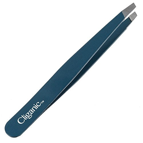 Cliganic Professional Eyebrow Tweezers Slant Tip (Blue) - Precision for Men & Women, Stainless Steel Best for Plucking Chin Facial Hair