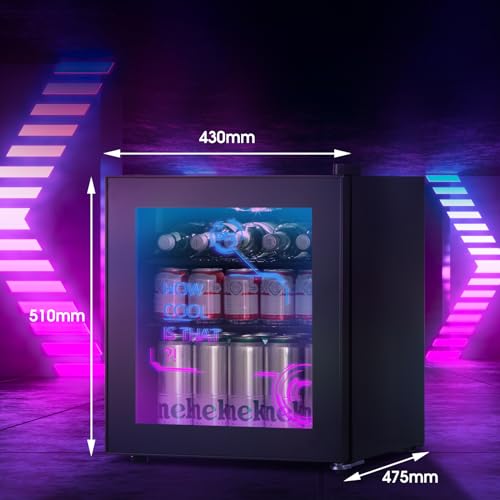 - HCK 48L Mini Fridge with Glass Door | Quiet 39dB | Cyberpunk Beer Fridge with Modern LED Lighting, Drinks Fridge Gaming Refrigerators | 0-15°C Precise Control -