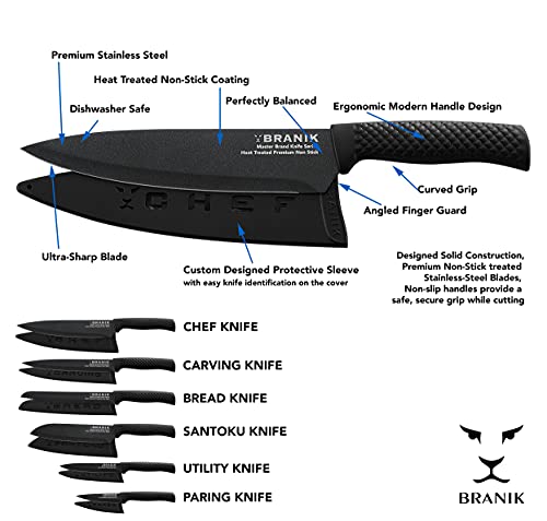 BRANIK 6Pc Black Kitchen Knife Sets with Protective Sheaths & Giftbox, Premium German Steel, Special Non-Stick Coating Making Them Dishwasher Safe.
